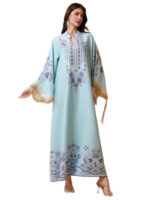 Women's Dress Arabian Dubai Silk Printed Tassel Abaya Sky blue - Image 4