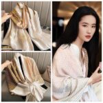 Silk Satin women's printed Long Scarf Beige - Image 2