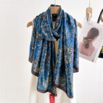 Silk Satin Printing Western Style Long Scarf blue