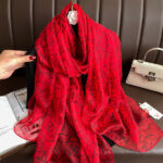 Elegant Red Transparent Thin Silk Printing Long Scarf