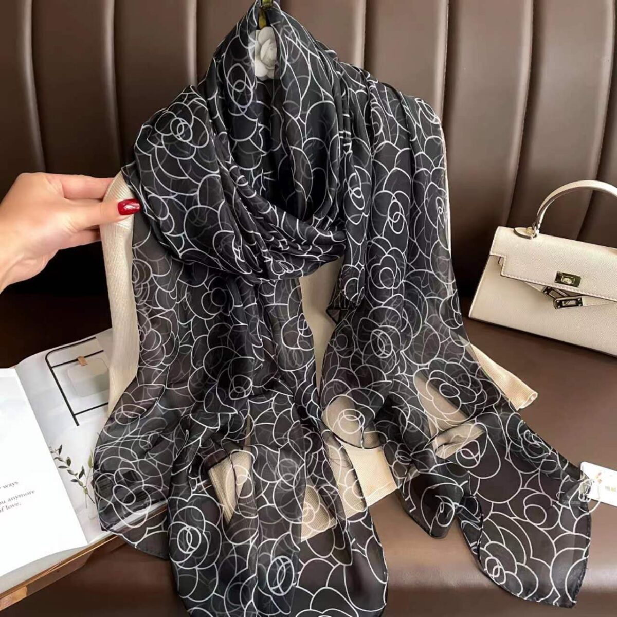 Elegant Black Transparent Thin Silk Printing Long Scarf - Image 1