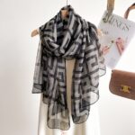 Elegant Black Transparent Thin Silk Printing Long Scarf