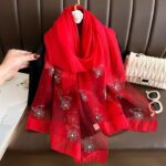 All Dress match Silk High-end Beaded Thin Long Scarf Bright red