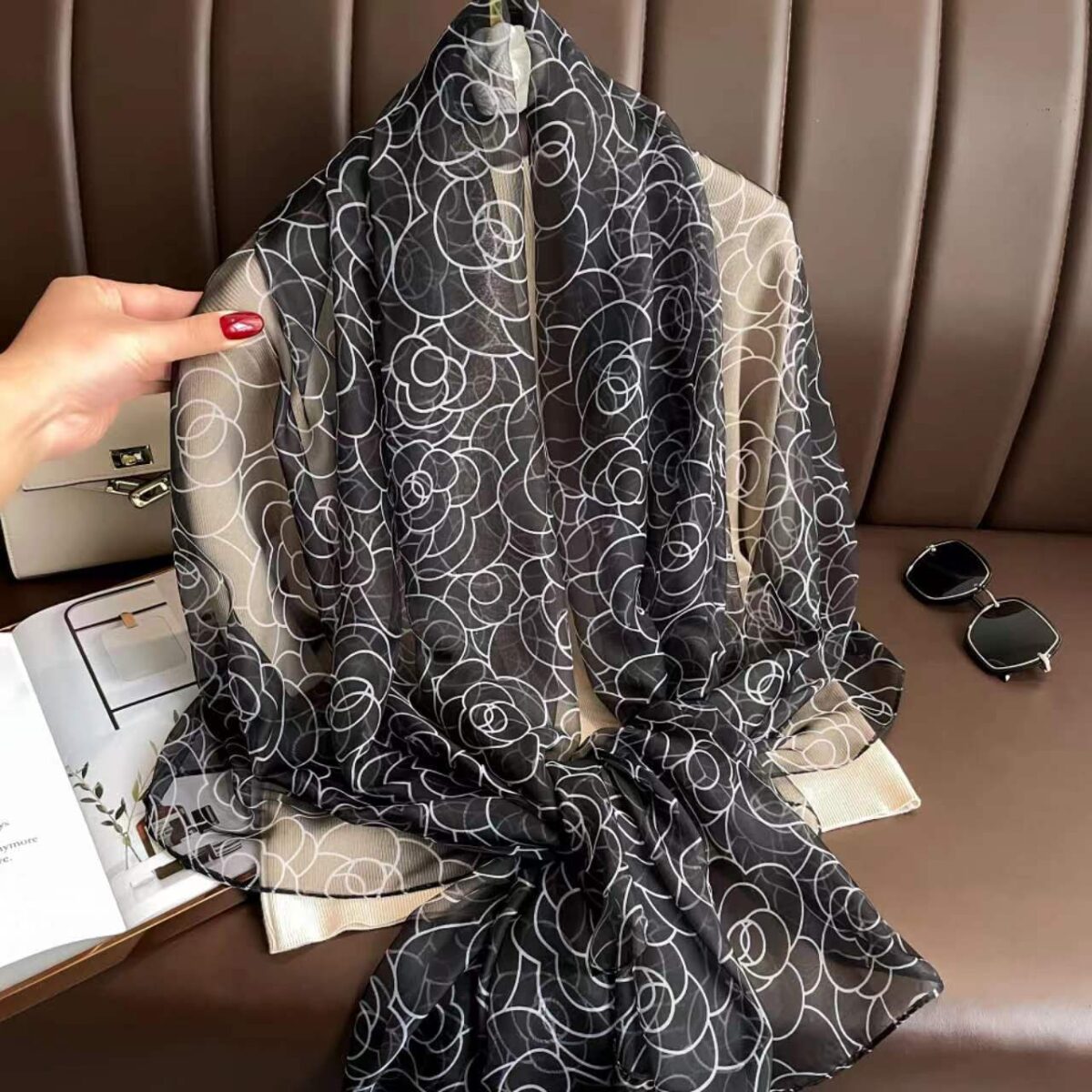 Elegant Black Transparent Thin Silk Printing Long Scarf - Image 2