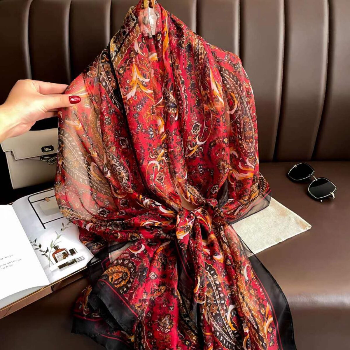 Elegant Black and Red Transparent Thin Silk Printing Long Scarf - Image 2