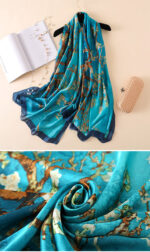Silk Satin Apricot tree sapphire blue Long Scarf - Image 4