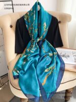 Silk Satin Apricot tree sapphire blue Long Scarf - Image 3
