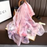 Elegant Pink Rose Transparent Thin Silk Printing Long Scarf - Image 2