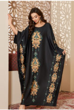 Satin chiffon Nightgown Printed Women's Dress Green treasure huaguang Black - Image 3
