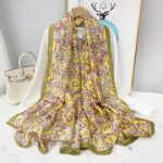 Silk Satin Green daisy Long Scarf