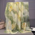 Elegant Green lotus Transparent Thin Silk Printing Long Scarf
