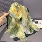 Elegant Green lotus Transparent Thin Silk Printing Long Scarf - Image 2
