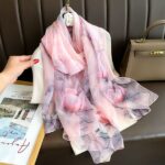 Elegant Pink Rose Transparent Thin Silk Printing Long Scarf - Image 3
