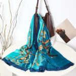 Silk Satin Apricot tree sapphire blue Long Scarf