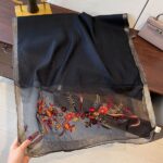 Luxury Mulberry Silk Embroidered Semi-Transparent Long Scarf Black - Image 3
