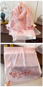 Luxury Mulberry Silk Embroidered Semi-Transparent Long Scarf Pink - Image 3