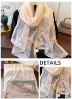 Luxury Mulberry Silk Embroidered Semi-Transparent Long Scarf Champagne - Image 3