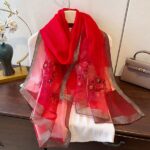 Luxury Mulberry Silk Embroidered Semi-Transparent Long Scarf Red