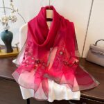 Luxury Mulberry Silk Embroidered Semi-Transparent Long Scarf Peach Meroon