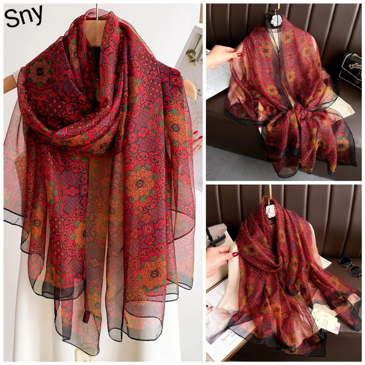 Elegant floral design Transparent Thin Silk Printing Long Scarf - Image 3