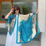 Silk Satin women's printed Long Scarf Peacock Blue - Image 3