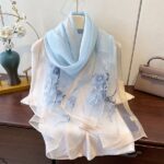 Luxury Mulberry Silk Embroidered Semi-Transparent Long Scarf Light blue