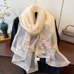 Luxury Mulberry Silk Embroidered Semi-Transparent Long Scarf Champagne