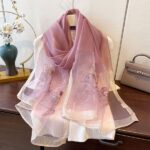 Luxury Mulberry Silk Embroidered Semi-Transparent Long Scarf Purple