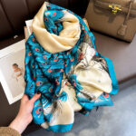 Silk Satin women's printed Long Scarf Peacock Blue - Image 4