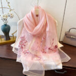 Luxury Mulberry Silk Embroidered Semi-Transparent Long Scarf Pink