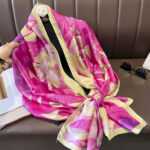 Silk Satin women's printed Long Scarf Rose pink sunflower - Image 4