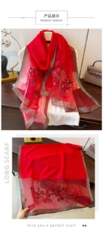 Luxury Mulberry Silk Embroidered Semi-Transparent Long Scarf Red - Image 3
