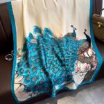 Silk Satin women's printed Long Scarf Peacock Blue