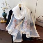 Luxury Mulberry Silk Embroidered Semi-Transparent Long Scarf White