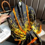Silk Satin women's printed Long Scarf Golden flower