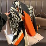Silk Satin women's printed Long Scarf letter stripes Orange - Image 2