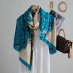 Silk Satin women's printed Long Scarf Peacock Blue - Image 2