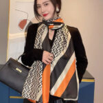 Silk Satin women's printed Long Scarf letter stripes Orange