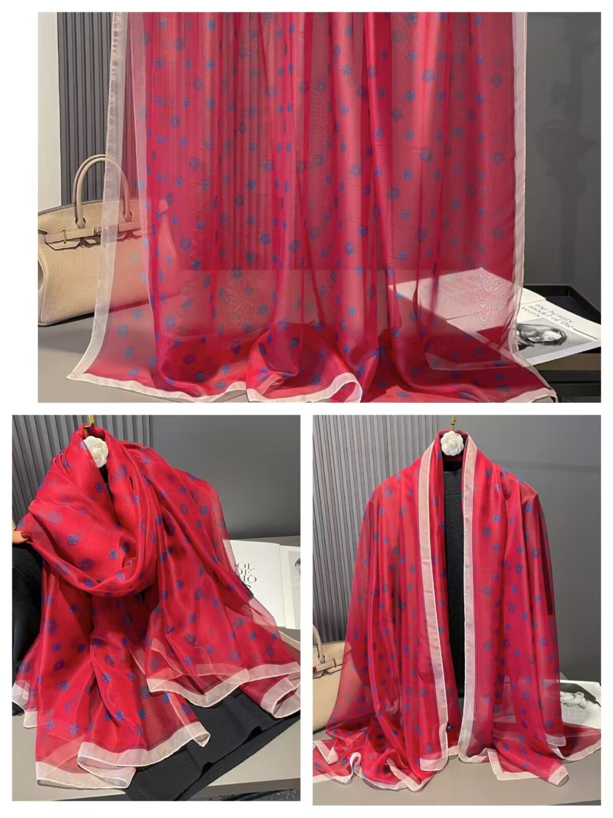 Elegant camellia Merron Transparent Silk Printing Long Scarf - Image 2