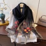 Luxury Mulberry Silk Embroidered Semi-Transparent Long Scarf Black