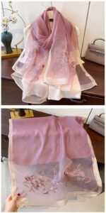 Luxury Mulberry Silk Embroidered Semi-Transparent Long Scarf Purple - Image 3