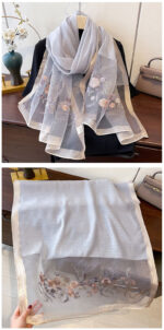 Luxury Mulberry Silk Embroidered Semi-Transparent Long Scarf White - Image 3