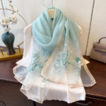 Luxury Mulberry Silk Embroidered Semi-Transparent Long Scarf Cyan