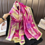 Silk Satin women's printed Long Scarf Rose pink sunflower - Image 5