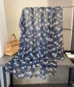 Elegant Transparent Silk Printing Long Scarf Navy blue chrysanthemum - Image 2