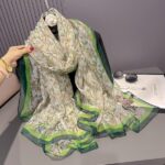 Elegant Transparent Silk Printing Long Scarf Green floral print