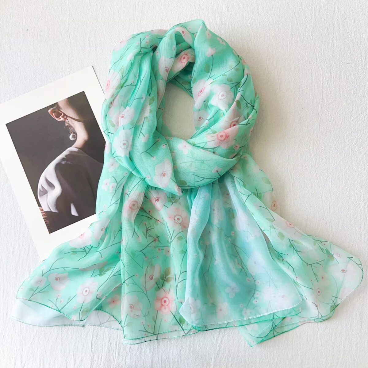 Elegant Transparent Silk Printing Long Scarf peach - green - Image 1