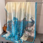 Elegant Transparent Silk Printing Long Scarf Peacock blue - Image 2