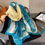 Elegant Transparent Silk Printing Long Scarf Peacock blue