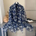 Elegant Transparent Silk Printing Long Scarf Navy blue chrysanthemum